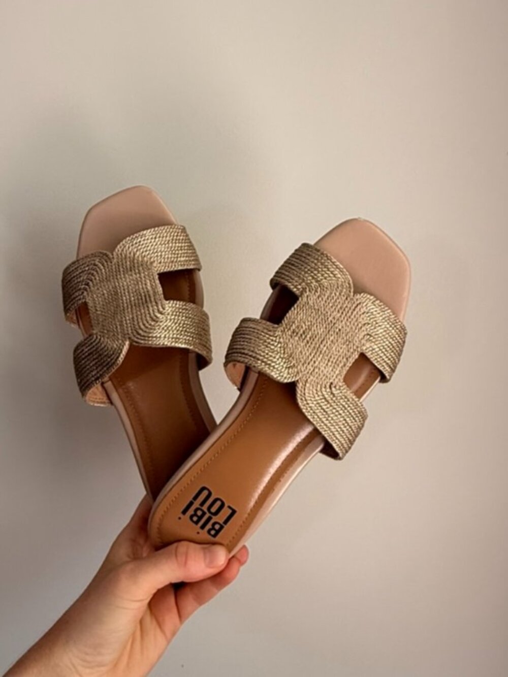 Bibi Lou Gold Metallic Woven H Slide Sandals 36